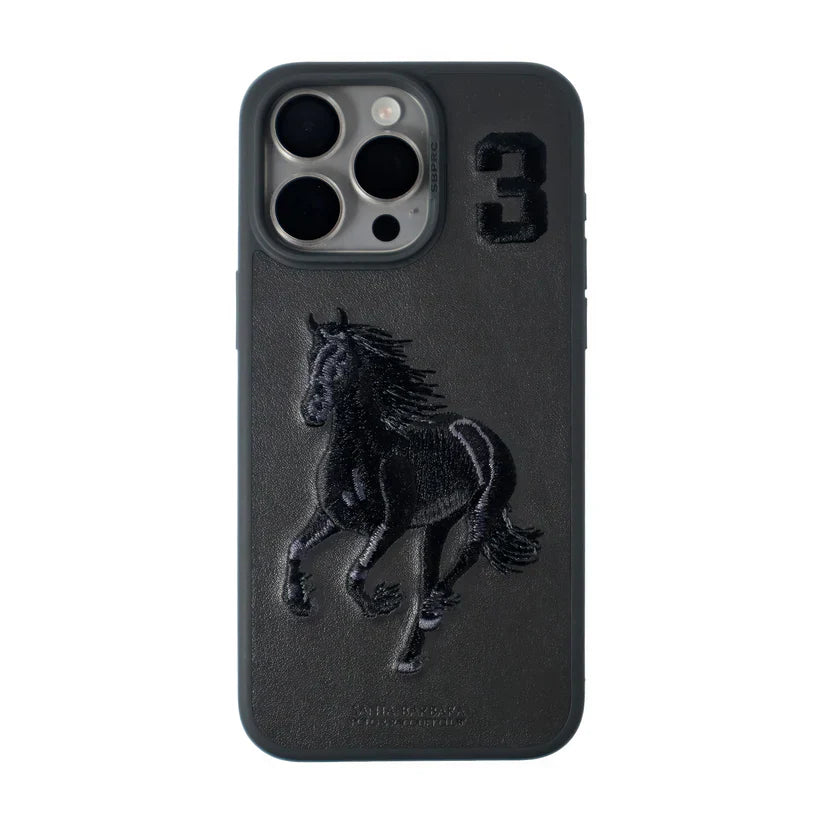 Santa Barbara Boris Series(Horse) Geniune Leather Case Cover for (iPhone 16 Pro Horse 3)- Black - mCasez