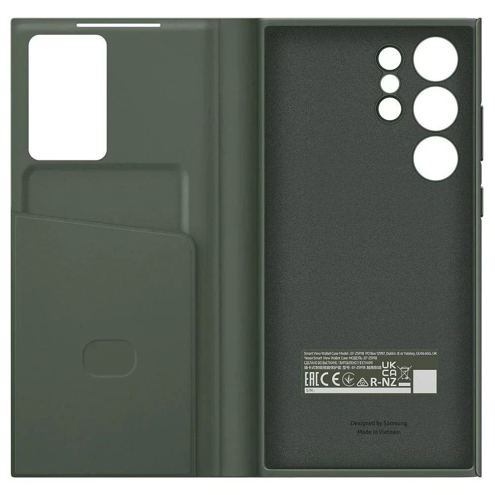 Samsung Galaxy S23 Ultra S-View/Smart View Wallet Flip Case - Protective Leather Cover with Smart Screen Display, Tap Control, Slim Design, and Built-in Card Holder Pocket (Green) - mCasez